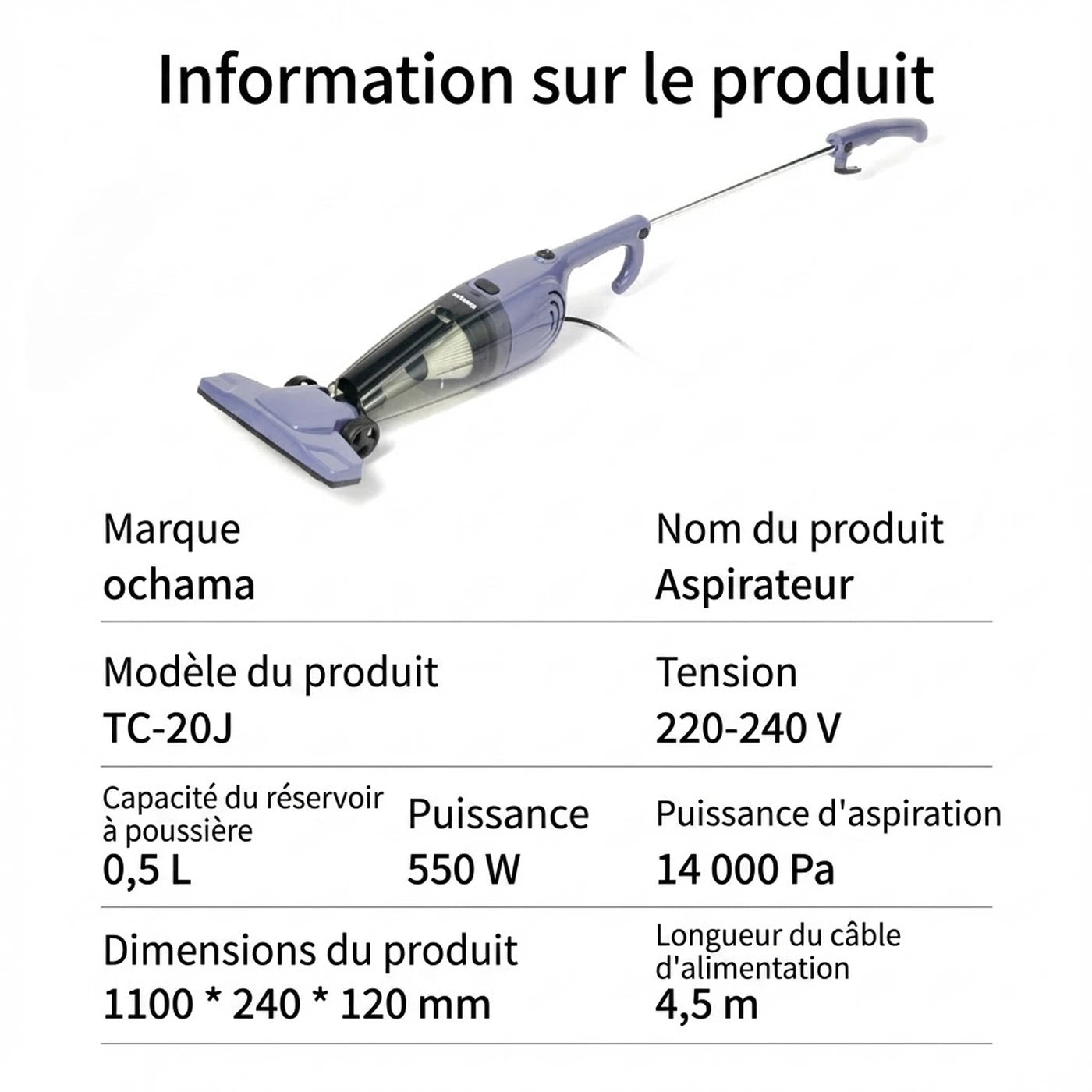 Aspirateur balai filaire 550 W – 0,5 L