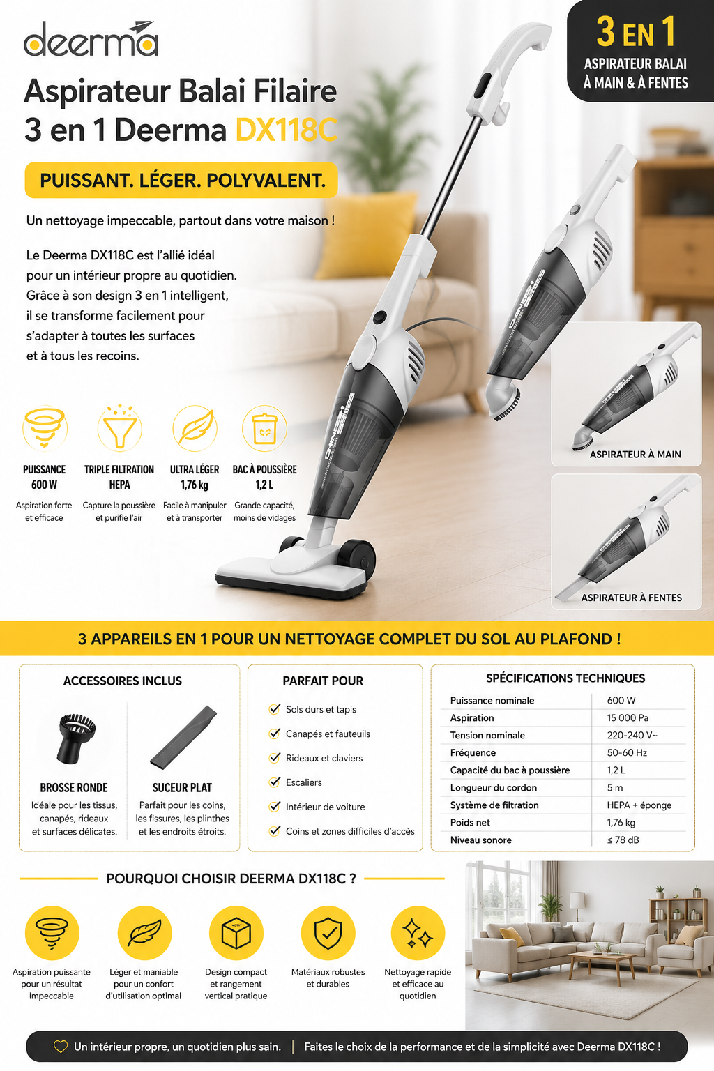 Aspirateur Balai Filaire 3 en 1 600 W