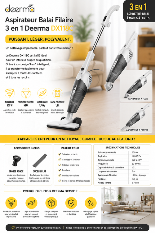 Aspirateur Balai Filaire 3 en 1 600 W